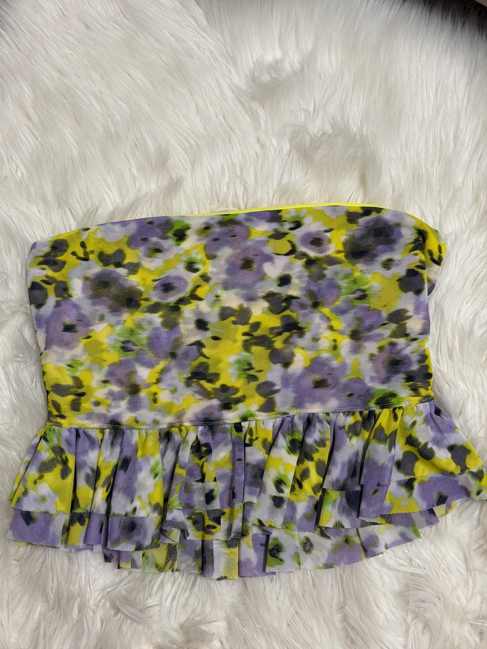 Forever 21 Yellow and Lavender Floral Ruffle Strapless Crop Top